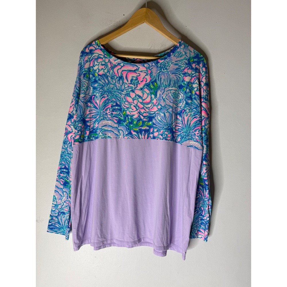 Lilly Pulitzer Etta Long Sleeve Top Floral Lilac Pima Cotton Modal XL 000130